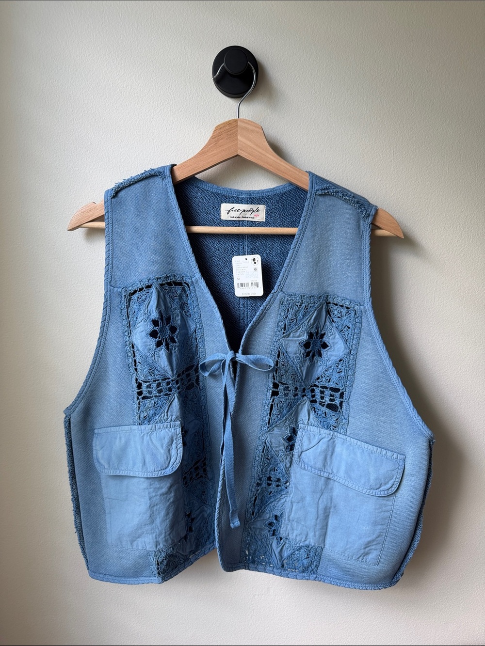 Free People Dusty Blue Crochet Patchwork Tie Vest